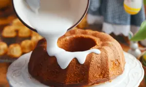 Słodki lukier do babki spływa po jej rumianym boku. W tle widać mniejsze babeczki.