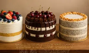 Trzy torty na drewnianym blacie. Po lewej biały tort z owocami, w środku czekoladowy drip cake z wiśniami, po prawej tort z orzechami.