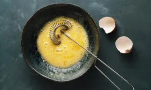 Ubite żółtka w misce, obok skorupki jajek. Idealne do omletu lub ciasta.