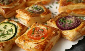 Pyszne tartaletki z ciasta francuskiego z pomidorem, cukinią, cebulą i oliwkami. Idealne, by pokazać, co zrobić z ciasta francuskiego na szybką przekąskę.