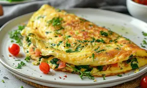 Złocisty omlet z serka wiejskiego, wypełniony szpinakiem i pomidorkami, posypany świeżą natką pietruszki. Pyszne śniadanie.