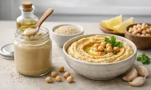 Słoik z tahini, z którego łyżka nabiera kremową pastę. Obok miska z hummusem, ciecierzyca, czosnek i cytryna. Tahini co to? Pasta sezamowa!
