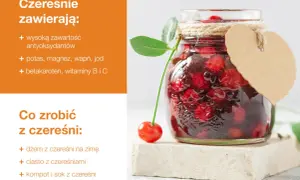 Słoik pełen czereśni, idealny na dżem, ciasto, kompot lub sok. Dowiedz się, co zrobić z czereśni!