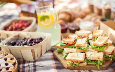 Pyszne jedzenie na piknik: kanapki, ciasto, owoce i lemoniada. Idealne na letni dzień.
