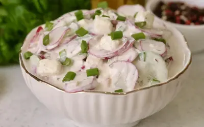 Rewelacyjna sałatka na grilla z rzodkiewką, ogórkiem i serem feta w kremowym sosie, posypana szczypiorkiem. Idealna na letnie przyjęcia.