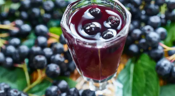 Aronia w kieliszku, otoczona świeżymi owocami i liśćmi. To nalewka z aronii przepis babci, pełna smaku i zdrowia.