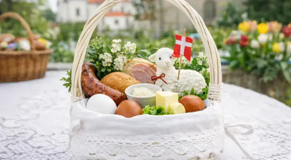 Biały koszyczek wielkanocny z barankiem, jajkami, kiełbasą i masłem. Idealny do święconki.