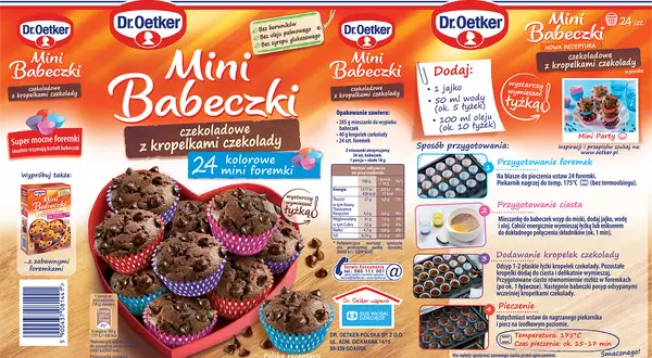 Babeczki Dr. Oetker w kolorowych foremkach, z czekoladowymi kroplami.