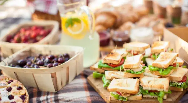 Pyszne jedzenie na piknik: kanapki, ciasto, owoce i lemoniada. Idealne na letni dzień.