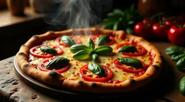 Gorąca pizza Margherita z bazylią i pomidorami, idealna na rodzinny obiad. Ten przepis na pizzę jest prosty i pyszny.