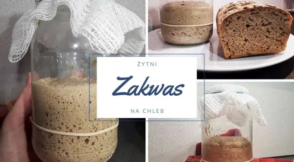 Szybki zakwas na chleb w słoiku, gotowy do pieczenia. Obok kromka pysznego, domowego chleba żytniego.