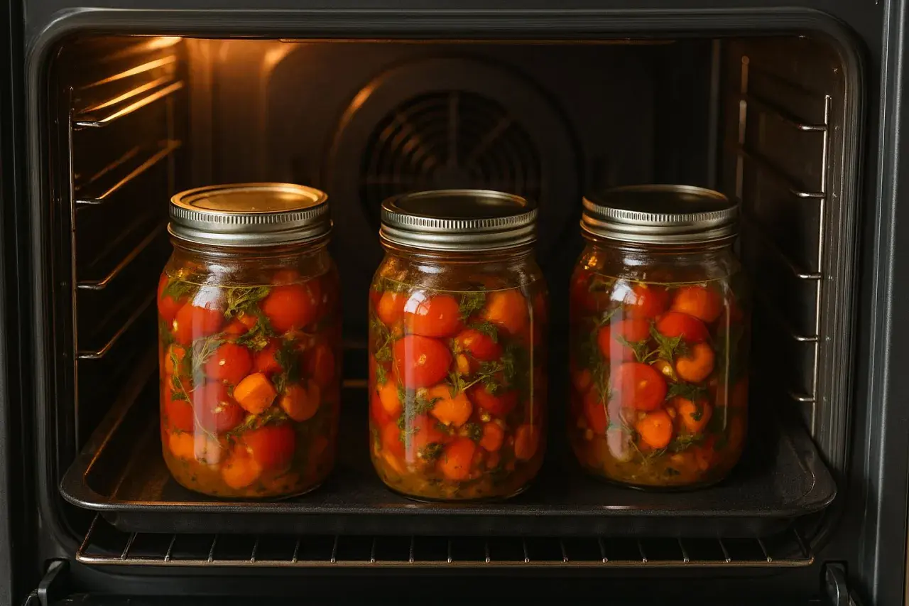 Trzy słoiki z pomidorkami i ziołami w piekarniku, gotowe do pasteryzacji. To prosty sposób, jak pasteryzować słoiki.