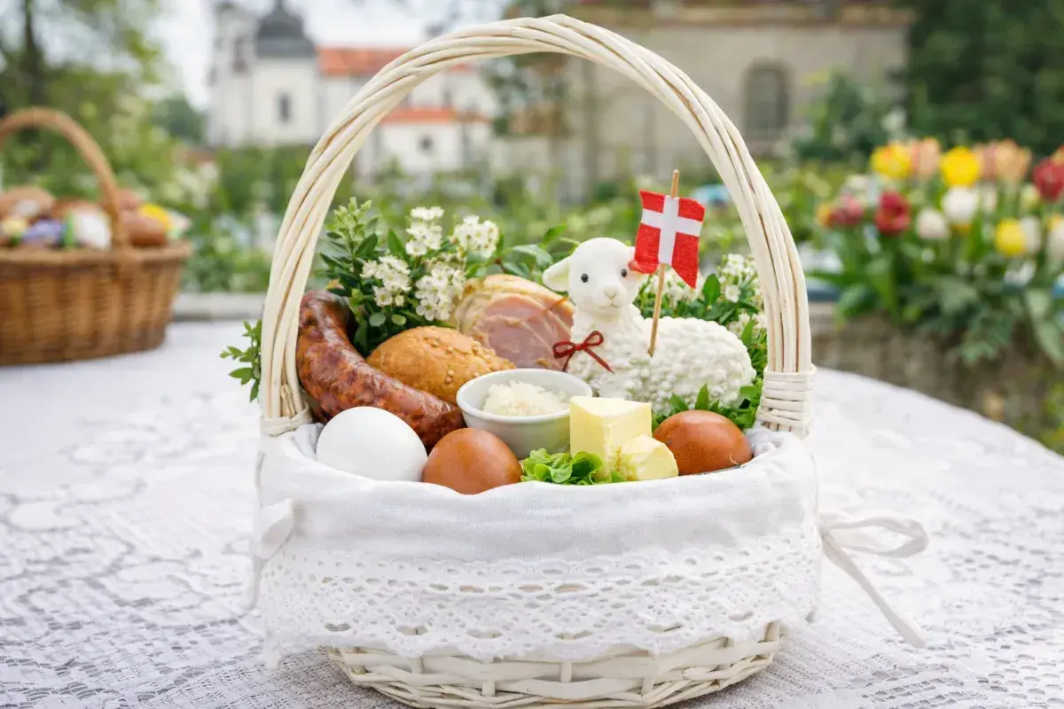 Biały koszyczek wielkanocny z barankiem, jajkami, kiełbasą i masłem. Idealny do święconki.