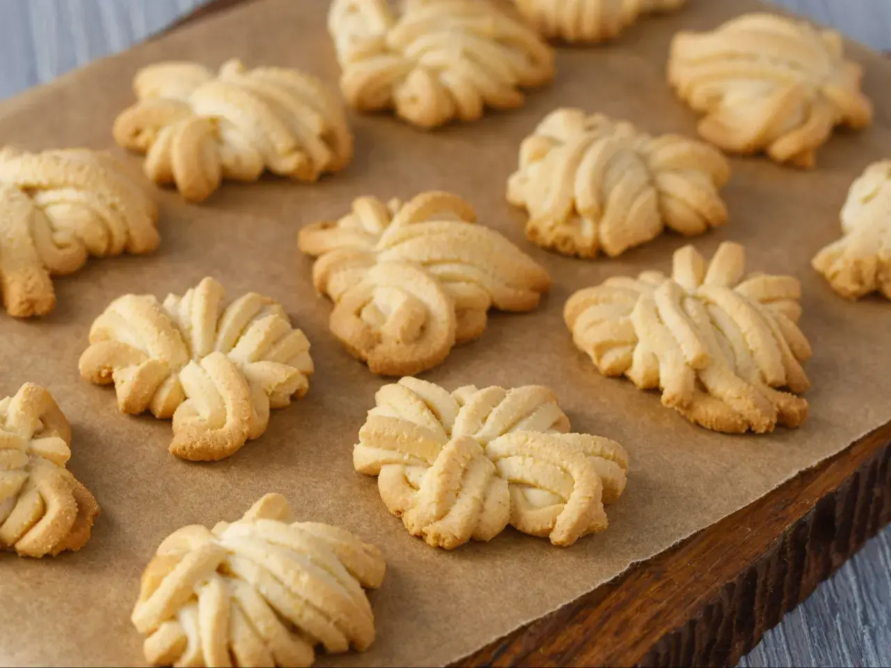 Szybkie kruche ciasteczka o fantazyjnych kształtach, ułożone na papierze do pieczenia. Idealne na szybką przekąskę.