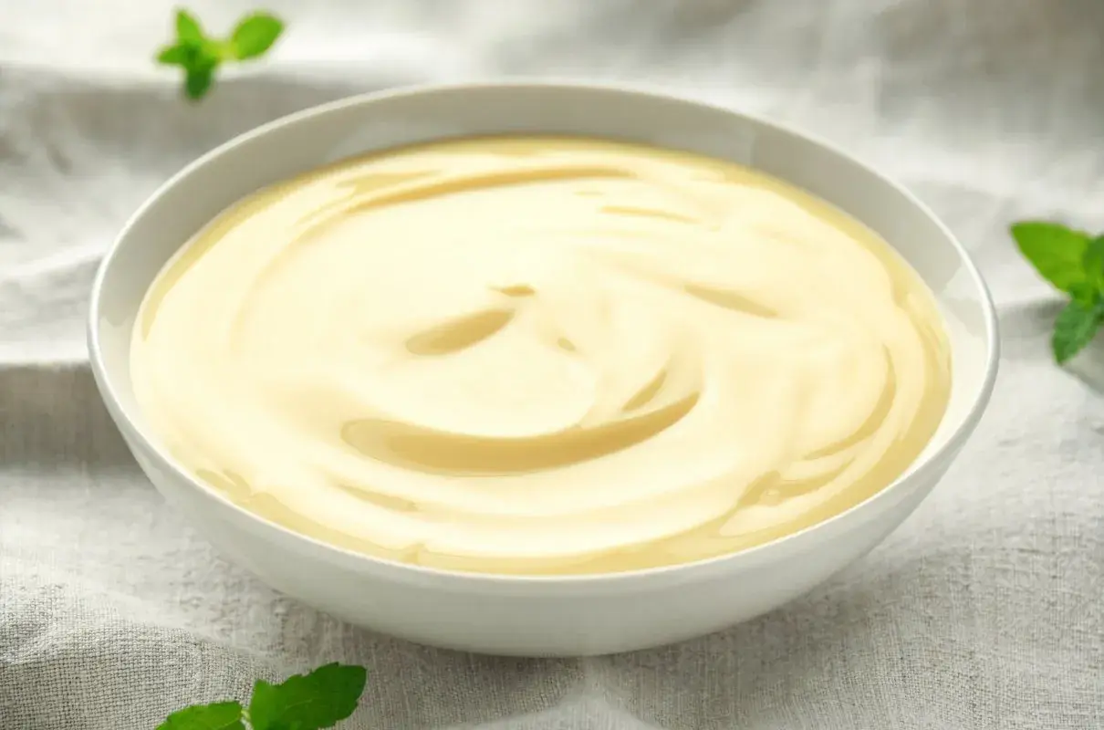 Gładki, kremowy custard w miseczce, ozdobiony listkami mięty. Pyszny deser, który rozgrzewa serce.