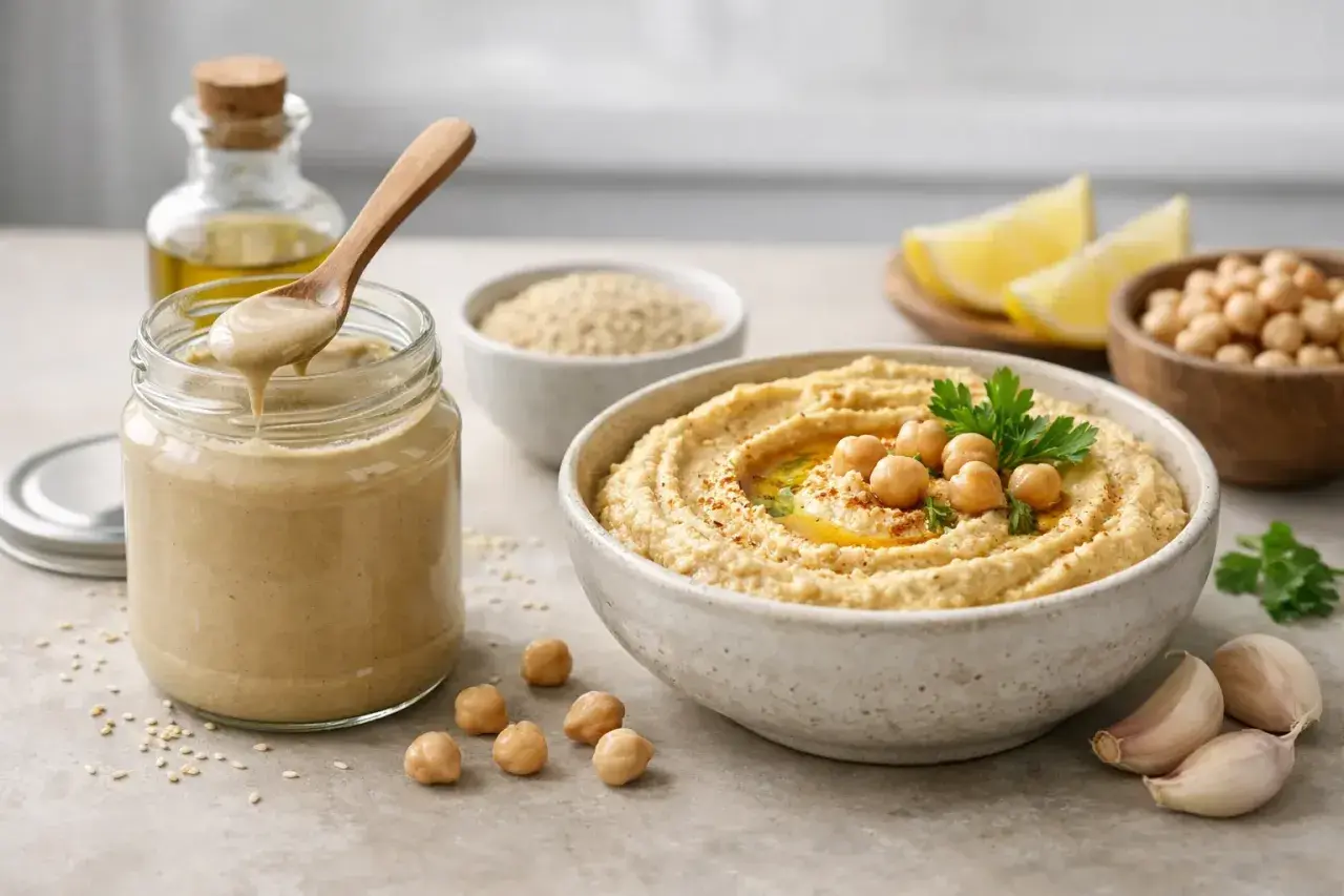 Słoik z tahini, z którego łyżka nabiera kremową pastę. Obok miska z hummusem, ciecierzyca, czosnek i cytryna. Tahini co to? Pasta sezamowa!