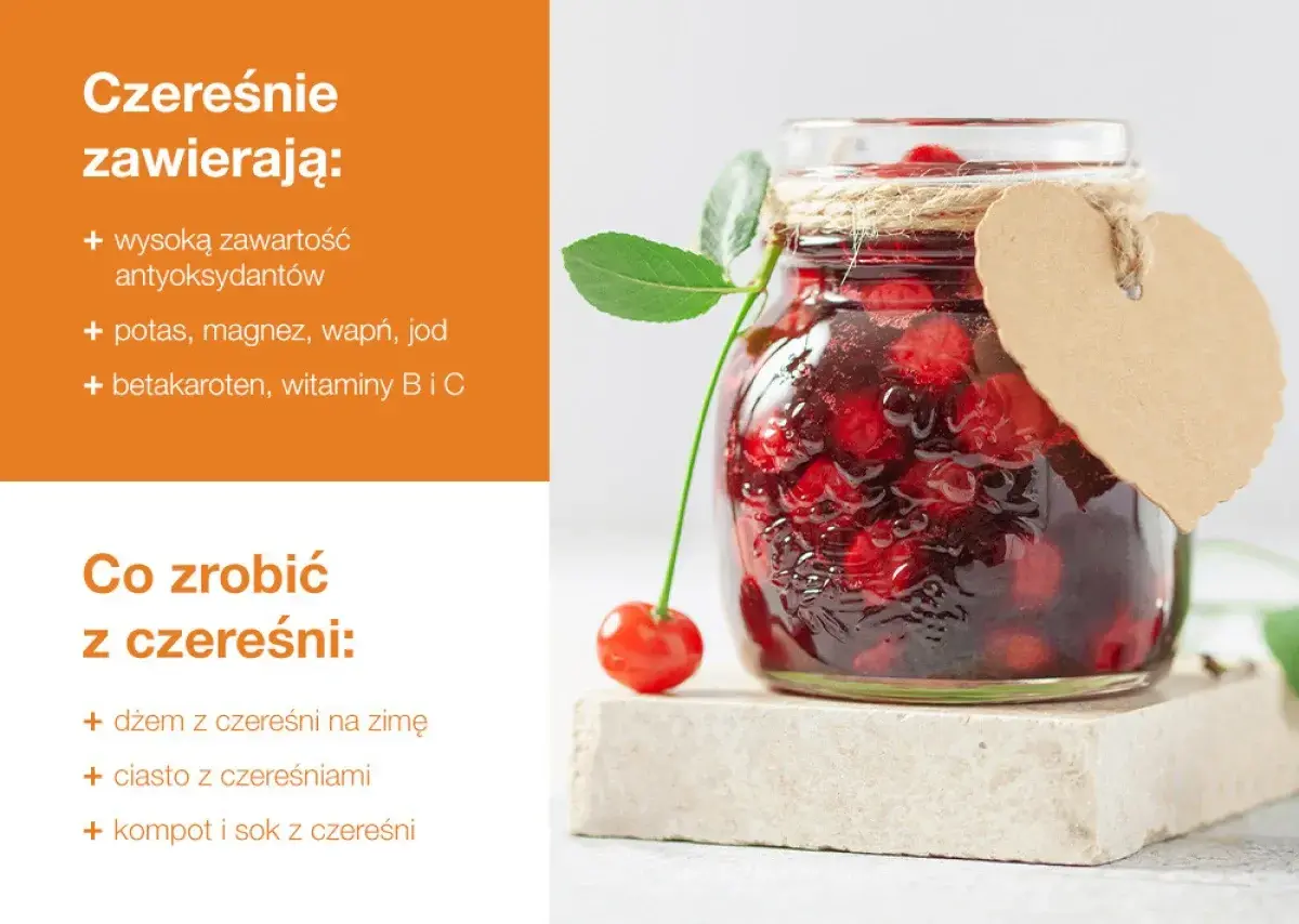 Słoik pełen czereśni, idealny na dżem, ciasto, kompot lub sok. Dowiedz się, co zrobić z czereśni!