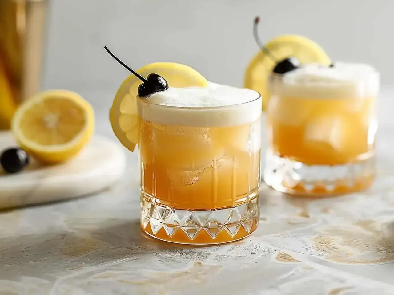 Idealny whiskey sour przepis: dwa drinki z pianką, cytryną i wiśnią.