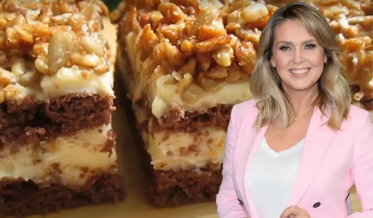 Ciasto ze słonecznikiem i masą krówkową Siostry Anastazji, obok uśmiechniętej kobiety w różowej marynarce.