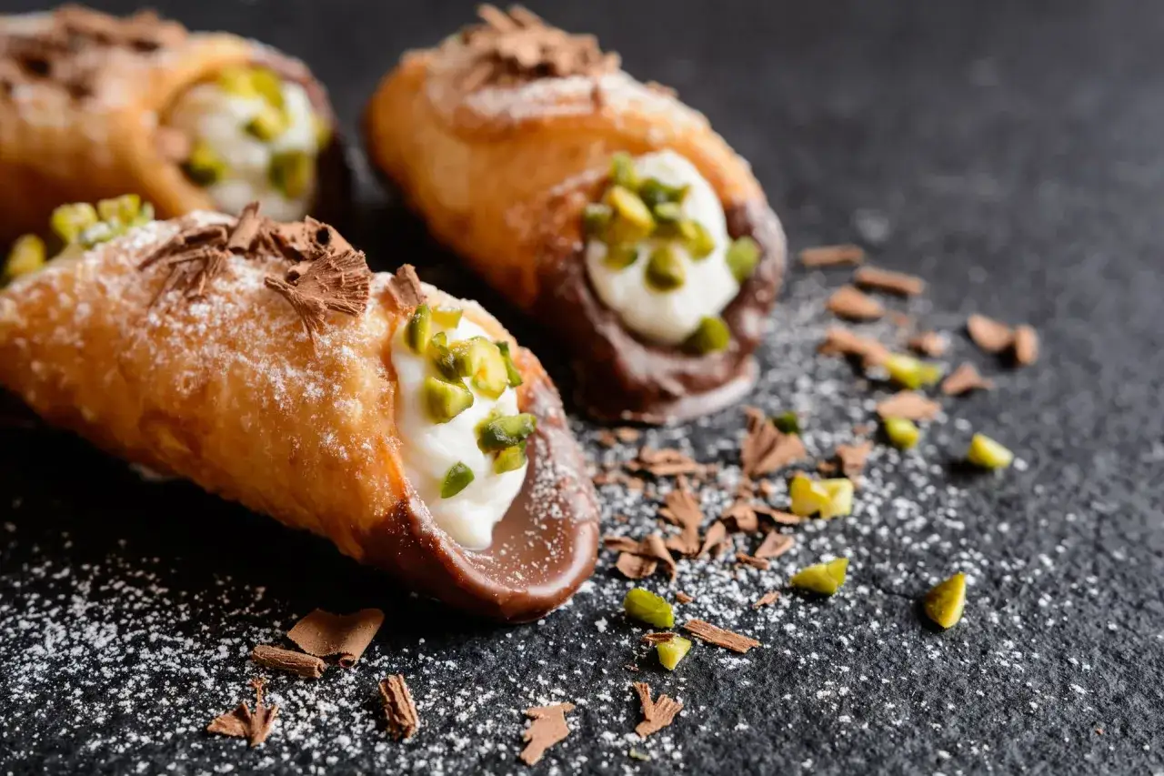 Trzy pyszne cannoli z kremem, pistacjami i czekoladową polewą, posypane cukrem pudrem i wiórkami czekolady.