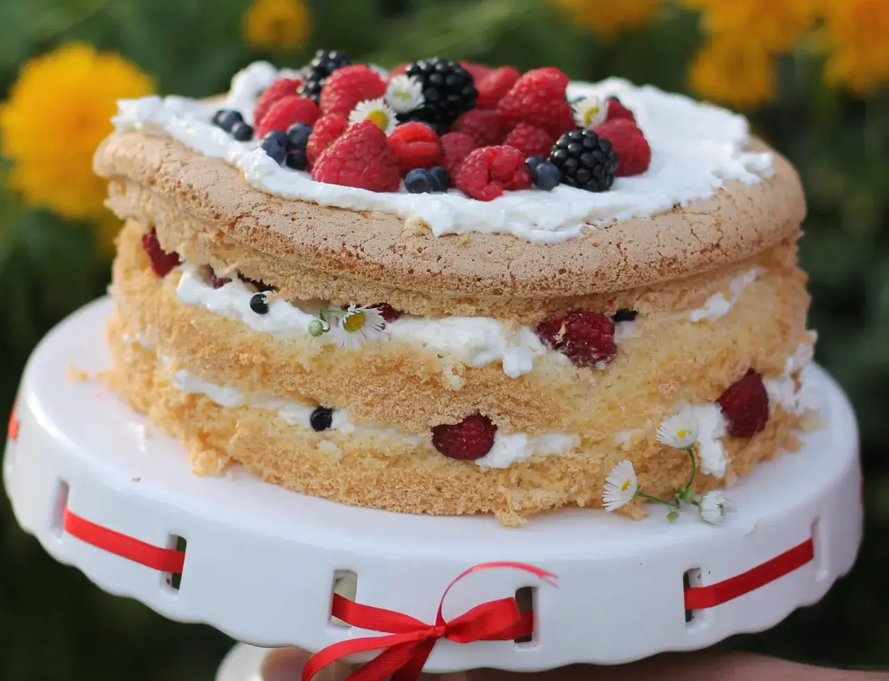 Pyszny naked cake z malinami, borówkami i jeżynami, ozdobiony bitą śmietaną i stokrotkami.