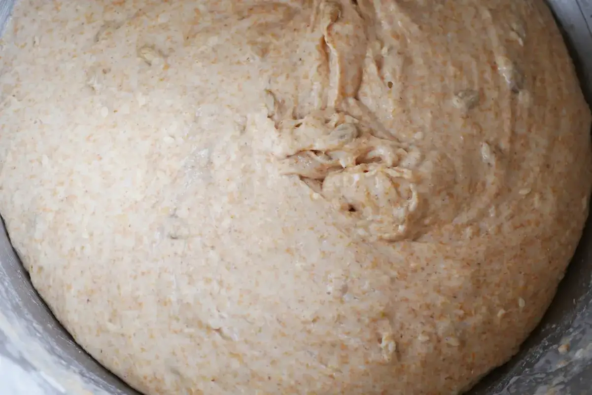 Ciasto z mąki orkiszowej, która ma gluten, wyrasta w misce. Widoczne są pęcherzyki powietrza i ziarna.