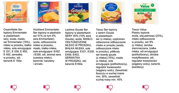Ser topiony Emmentaler i Gouda w plasterkach: Creamfields, Hochland, Lactima, Tesco. Idealny do kanapek.