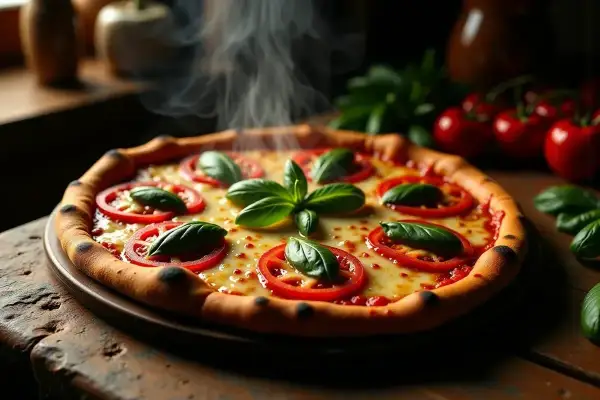 Gorąca pizza Margherita z bazylią i pomidorami, idealna na rodzinny obiad. Ten przepis na pizzę jest prosty i pyszny.