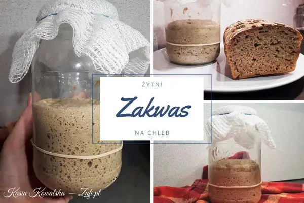 Szybki zakwas na chleb w słoiku, gotowy do pieczenia. Obok kromka pysznego, domowego chleba żytniego.